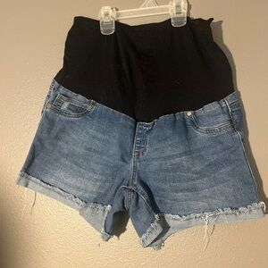 First Kick Maternity Denim Shorts Blue Jean CutOff Frayed Hem Full Belly Panel L